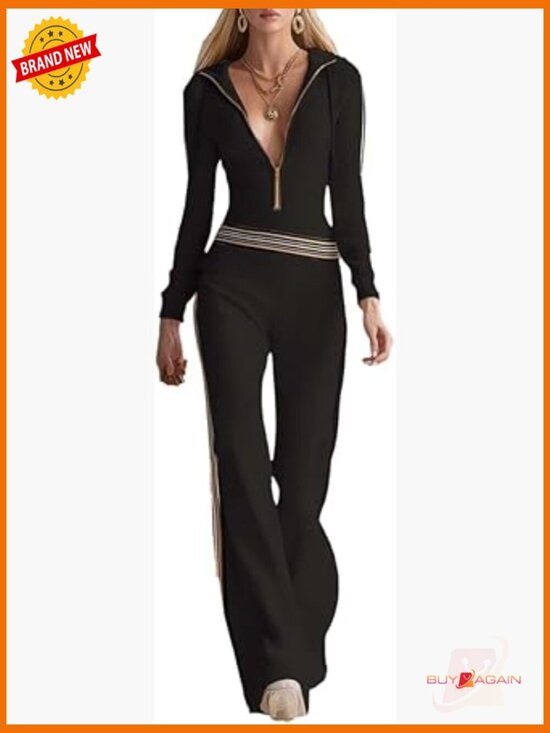 Pants - Women's Knit Jumpsuit Hooded Zip-Front V-Neck Long Sleeve Casual Pantsuit Romper